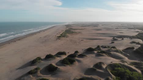 Aerial-tilt-to-horizon,-Carilo-sand-dune-beach-on-Atlantic,-Argentina