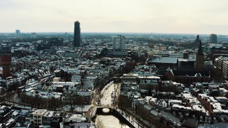 Aerial-view,-Utrecht,-Netherlands-on-cold-winter-day,-snow-capped-buildings-and-people-ice-skating-on-frozen-canal-water,-drone-shot