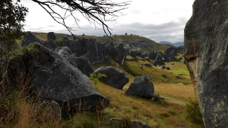 Majestic-wide-shot-of-Limestone-castle-hill-rocks-in-stunning-scenery