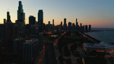 Drone-Shot-of-Chicago's-South-Loop-with-Skyline-in-Background