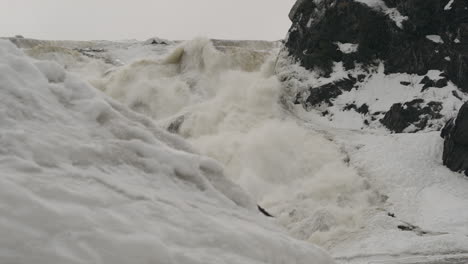 River-Waterfall-Torrent-With-Icy-Rocks-At-Chaudiere-Falls-Park-In-Levis,-Quebec-Canada