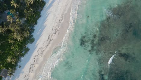 aerial-descending-Tranquil-Turquoise-ocean-waves-on-the-beach,-top-down-zoom-in,-Playa-Xphu-Ha,-Yucatan,-Mexico