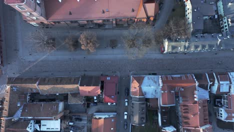 AERIAL:-Top-View-of-Coblestone-Vilniaus-Street-in-Kaunas-Oldtown