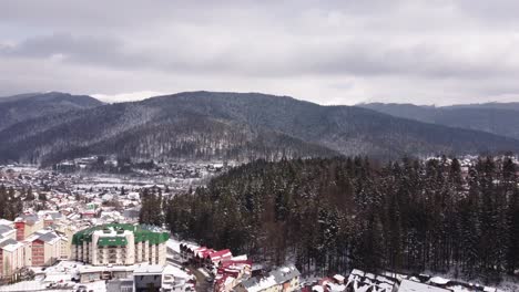 Aerial-Footage-Of-Mountain-Village-And-Pine-Trees-At-Winter