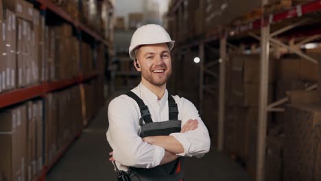 Portrait-of-a-handsome-smiling-man-in-work-uniform-on-a-background-of-shelves-with-boxes