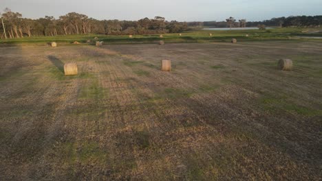 Luftüberführung-Landwirtschaftliche-Felder-Mit-Vielen-Grasballen-Während-Des-Sonnenuntergangs-In-Margaret-River,-Westaustralien
