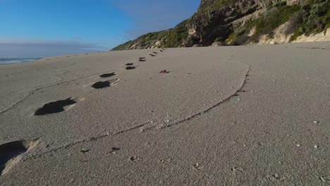 Glatter-Schuss-Nach-Fußspuren-Im-Sand-über-Einsamen-Strand-Australien-4k