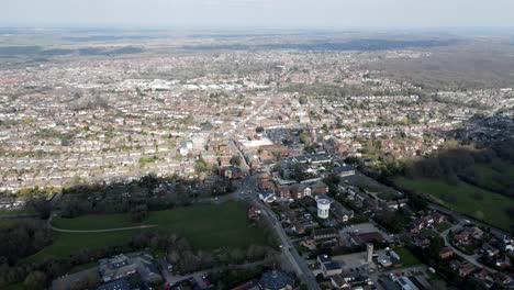 Billericay-Essex-UK-town-centre-High-street-Aerial-pull-back-reveal-4k