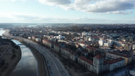 AERIAL:-Sunny-Day-Above-European-Capital-of-Culture-2022-Kaunas-City-with-Nemunas-River