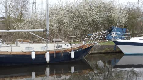 Small-old-blue-sailboats-moored-on-narrow-rural-countryside-canal-marina