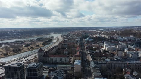 AERIAL:-Flying-Above-Kaunas-City-with-Nemunas-River-and-Oldtown-in-Background