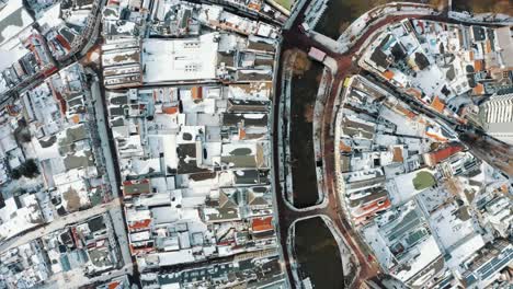 Aerial---Utrecht,-Netherlands-in-a-snowy-winter,-drone-shot-directly-above