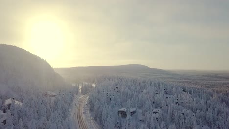 Ruka,-Lapland,-Finland-Sunrise-Drone