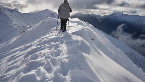 Excursionista-Camina-Sobre-Montañas-Nevadas-Sobre-Nieve-Espesa-Con-Equipo-De-Montañismo-En-La-Pista-Kepler,-Fiordlands