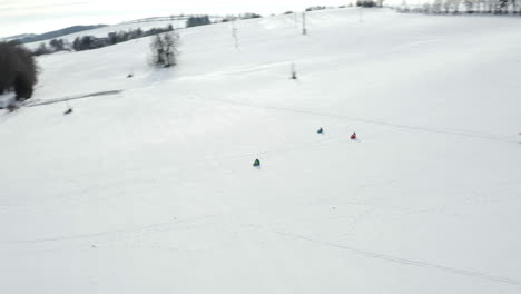 Toma-Aérea-De-Personas-En-Trineo-Y-Esquiando-En-Un-Campamento-De-Esquí-De-Invierno,-Paisaje-Cubierto-De-Nieve