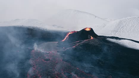 Effusive-volcano-with-steadily-flowing-lava-field-surrounded-by-snowy-mountains