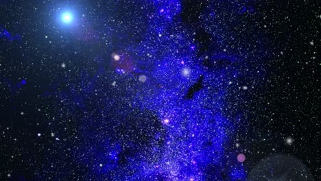 4k-Blaue-Nebelwolke-Mit-Hellen-Sternen,-Die-Sich-Im-Universum-Nähern