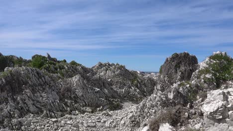 Bizarre,-shattered-rock-landscape-near-ocean-is-stark-home-to-seagulls