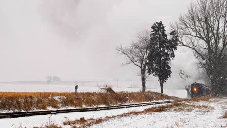 Ein-Mann,-Der-Mit-Seinen-Hunden-An-Einer-Eisenbahnstrecke-Spazieren-Geht,-Während-Sich-Eine-Dampfmaschine-In-Einem-Schneesturm-Nähert