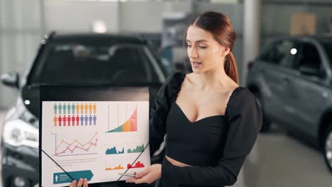 Pretty-girl-in-a-business-suit-shows-a-diagram-of-infographics-on-a-background-of-cars