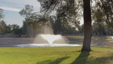 Walking-the-dog-past-the-fountain-in-the-golf-course-water-hazard-is-relaxing,-McCormick-Ranch,-Scottsdale-Arizona