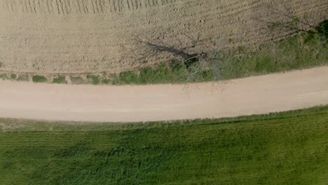 Aerial-birds-eye-dolly-right-shot-over-dirt-road-during-day