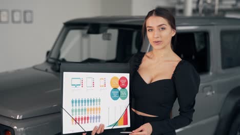 Pleasant-young-woman-gives-a-presentation-on-infographics-on-the-background-of-the-car