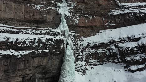 Drone-Aerial-View-of-Frozen-Waterfall-and-Cliff,-Cold-Winter-American-Landscape-Near-Ouray,-Colorado