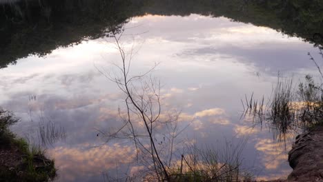 Lago-Tranquilo-Con-Reflejos-De-Cielo-Azul,-Nubes-Y-Vegetación-Circundante-En-El-Parque-Nacional-Naree-Budjong-Djara,-Isla-De-Stradbroke-Norte,-Queensland,-Australia---Tiro-Inclinado-Hacia-Arriba