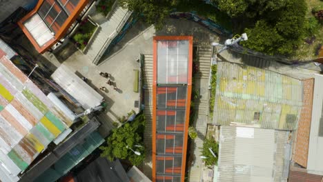 Top-Down-Aerial-View-of-Escalators-in-Comuna-13,-Medellin,-Colombia