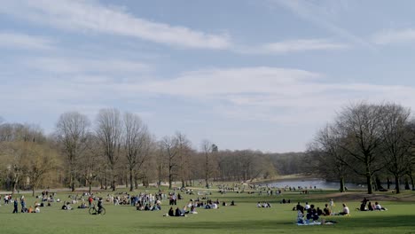 Group-Of-People-Having-A-Picnic-On-Green-Grass-Of-Bois-de-la-Cambre-Park-Near-Sonian-Forest-In-Brussels,-Belgium