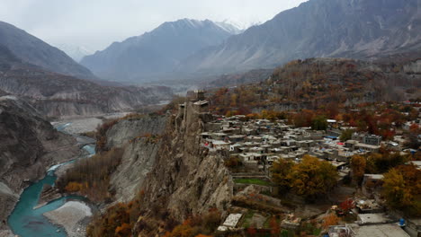 Aerial-View-Of-Altit-Fort-And-Hunza-River-In-Gilgit-Baltistan,-Pakistan