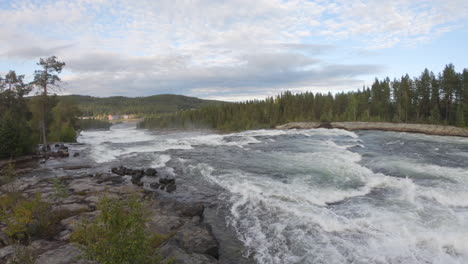 Wide-shot-of-the-famous-big-river-stream,-Storforsen,-in-Sweden