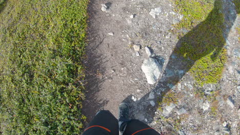 Piernas-De-Un-Excursionista-Masculino-Caminando-Por-Un-Camino-Rocoso-En-La-Naturaleza-Del-Norte-De-Suecia