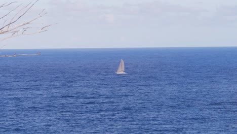 Sailboat-Sailing-In-Blue-Ocean---Seascape-From-Point-Lookout,-North-Stradbroke-Island,-QLD,-Australia