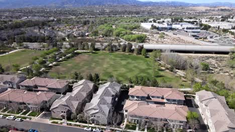 Houses-in-Valencia-California,-4K-aerial-view-over-suburban-real-estate-housing