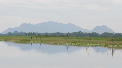 Lake-and-Mountains,-Bueng-Boraphet-Lake-and-Swamp,-Nakhon-Sawan,-Thailand