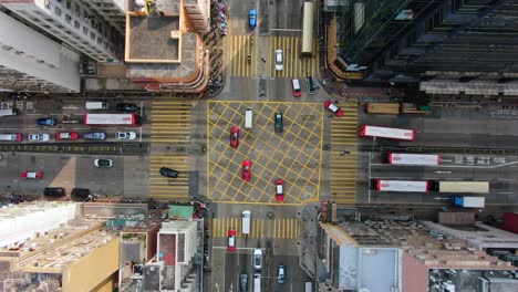 Downtown-Hong-Kong-buildings,-Crosswalk-and-traffic,-High-altitude-aerial-view