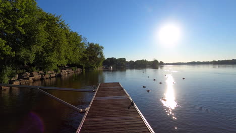 dock-alongshore,-river-view,-nature,-ducks-on-water,-summer,-summertime,-landscape,-park,-panorama