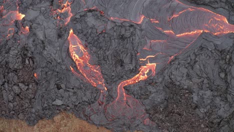 Rising-over-two-veins-of-flowing-lava-at-Geldingadalur-valley---Fagradallsfjall-Volcano-Eruption-South-Iceland