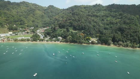 Aerial-pan-left-revealing-the-jetty-and-fishing-village-of-Charlotteville,-Tobago