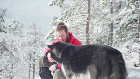 Tourist-Traveler-With-His-Alaskan-Malamute-Sitting-On-Valley-During-Sunny-Winter-Day