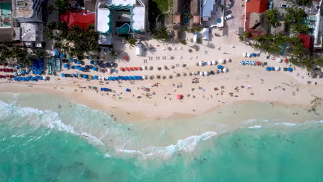 Cinematic-downward-drone-shot-of-people-on-the-beach-in-Playa-Del-Carmen-Mexico,-rising-revealing-the-ocean-and-resorts