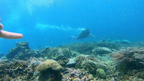 Scuba-Diver-Enganchado-A-La-Roca-Con-Un-Gancho-De-Arrecife-En-Una-Corriente-Oceánica-Muy-Fuerte