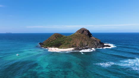 Isla-Hawaiana-Na-Mokulua-En-La-Costa-Tropical-Kailua-De-Oahu,-Antena-Estática