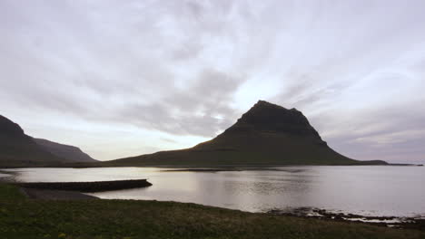 Mountain-in-the-middle-of-water,-Snaefellsnes-Peninsula,-Iceland,-wide-shot