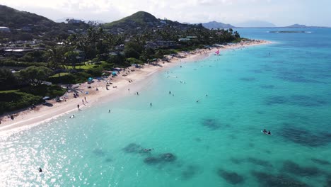 Beautiful-blue-Lanikai-Beach-in-Kailua,-tropical-Oahu-Hawaii,-4K-aerial-view