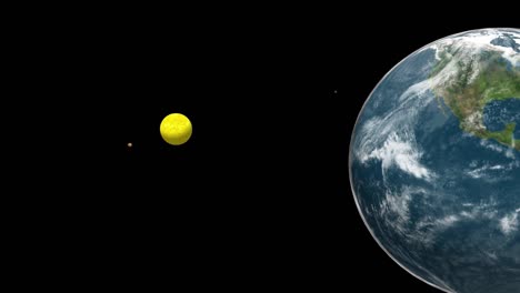 Sich-Drehende-Erde-Mit-Der-Gelben-Sonne-Aus-Der-Hintergrundanimation-Des-Dunklen-Weltraums,-Erstaunlicher-Blick-Auf-Die-Erde-Aus-Dem-Weltraum-Und-Der-Sonne