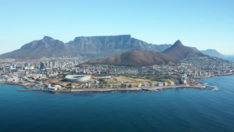 Scenic-View-Of-Cape-Town-Port-City,-Table-Mountain,-Lion's-Head,-And-Cape-Town-Stadium-In-South-Africa