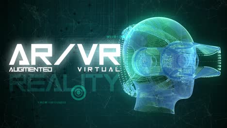 High-quality-VFX-graphics-animation-depicting-emerging-technology-in-the-Virtual-Reality-Augumented-Reality-space,-with-spinning-head-with-VR-goggles,-abstract-plexus-design,-in-teal-color-scheme